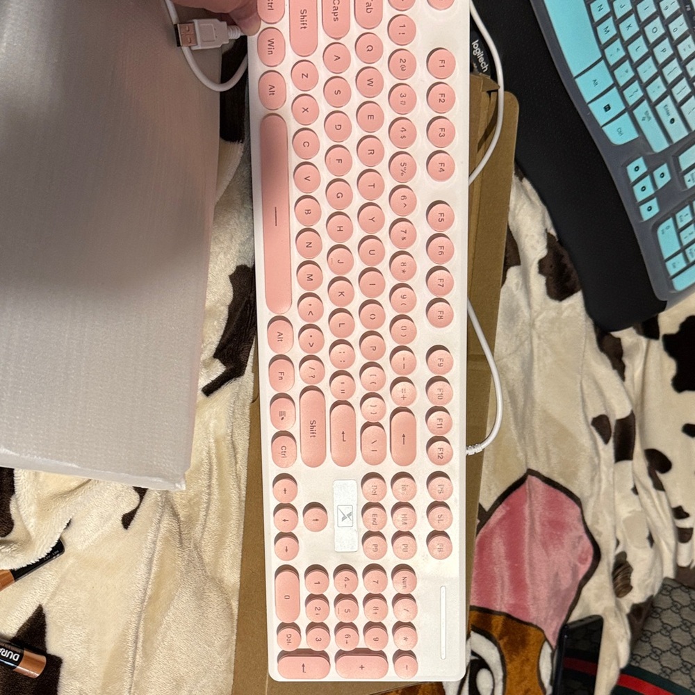 Pink and White Wired Keyboard